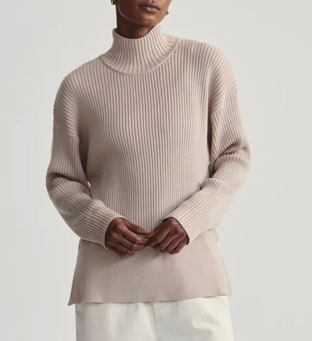 NWT Varley Mayfair Ribbed Mock Neck Turtleneck Knit Sweater Cement Beige Medium